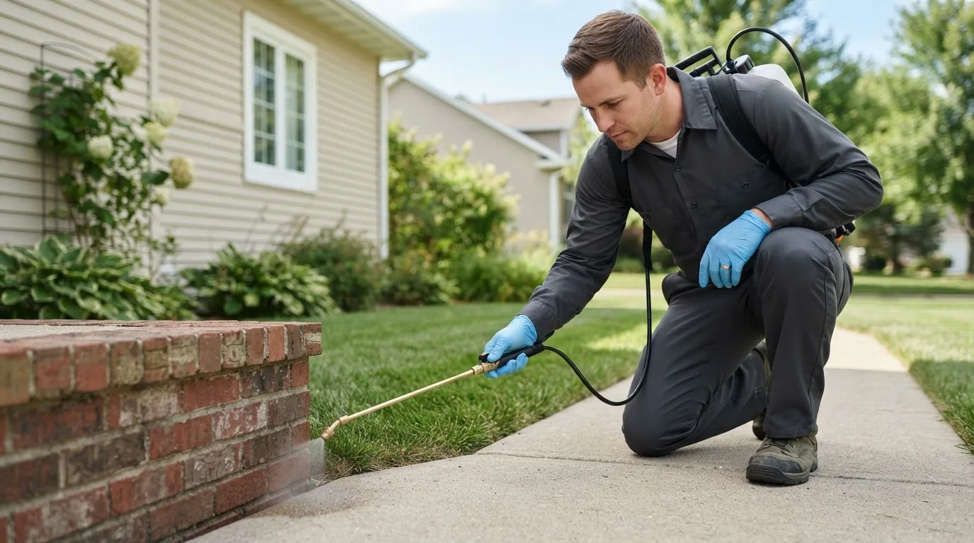 Pest control technician treating a home near Kellyville, OK