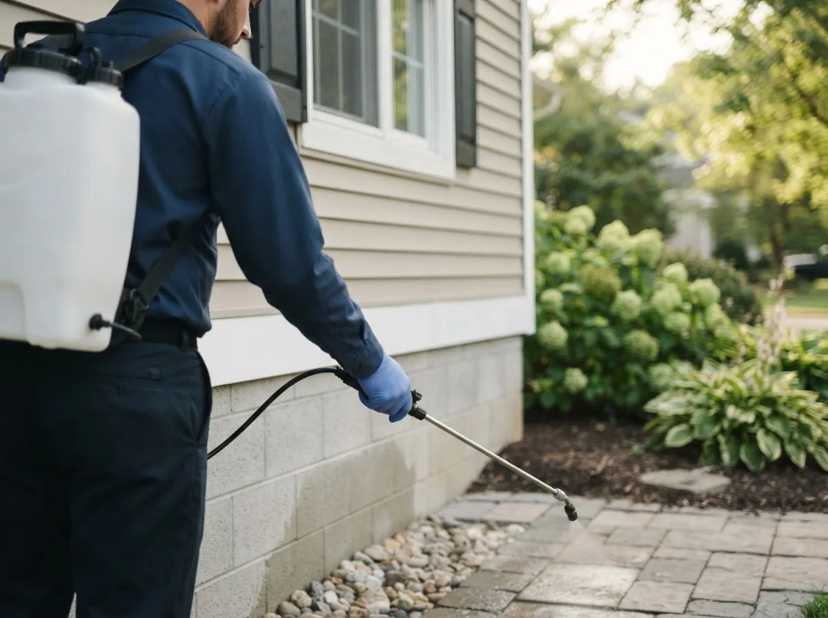 Pest control technician inspecting a home in Kellyville, OK